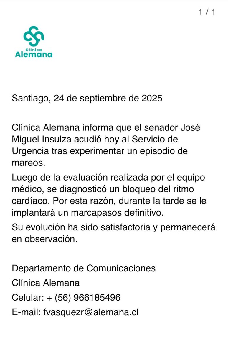 ℹ️ El Senador por #Arica, José Miguel Insulza,  permanece internado en la Clínica Alemana de Santiago, tras sufrir un “bloqueo del ritmo cardíaco”, según describió el recinto de salud.
<a href="/adnradiochile/">Radio ADN</a>