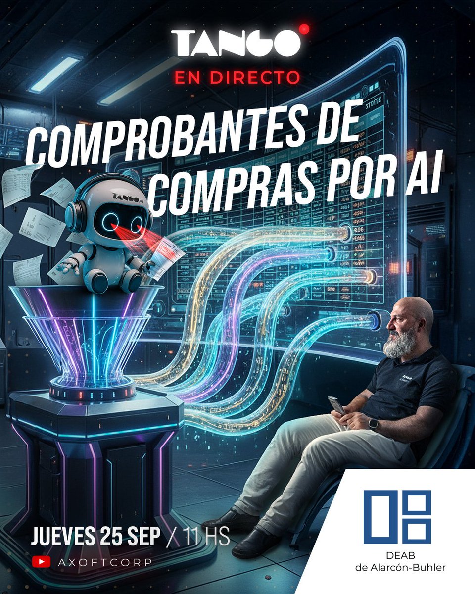 DEABTango's tweet image. #TangoEnDirecto

👉 Mañana, jueves a las 11h, no te pierdas el directo de Comprobantes de compras por AI, donde se verá como ingresar automáticamente comprobantes.

🔔Suscribite al canal.

🔴YouTube: Acceso youtube.com/@AxoftCorp

#tangosoftware #soportetango #deab