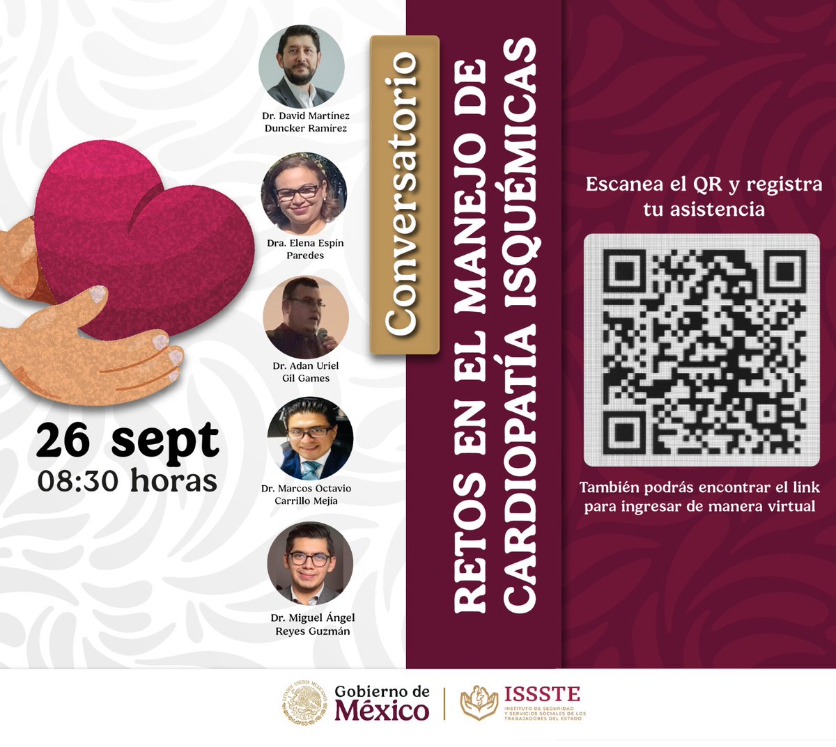 Issste_Morelos's tweet photo. ¡Únete al conversatorio "Retos en el Manejo de Cardiopatías Isquémicas"!
🗓️ Fecha: 26 de septiembre
⏰ Hora: 08:30
📍 Lugar: Virtual 📱

Registra tu asistencia y obtén el enlace para asistir virtualmente escaneando el siguiente QR 👇
#ISSSTE #Morelos https://t.co/7Q9jk9OQgF