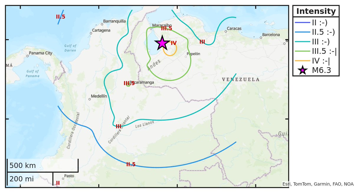 Mapa de intensidad del #sismo M6.3 ocurrido a las 22:21:59 (UTC) con epicentro a 61 km de Ciudad Ojeda, Venezuela. Descarga la app Sismo Detector desde sismo.app/es/download para recibir alertas en tiempo real en tu smartphone