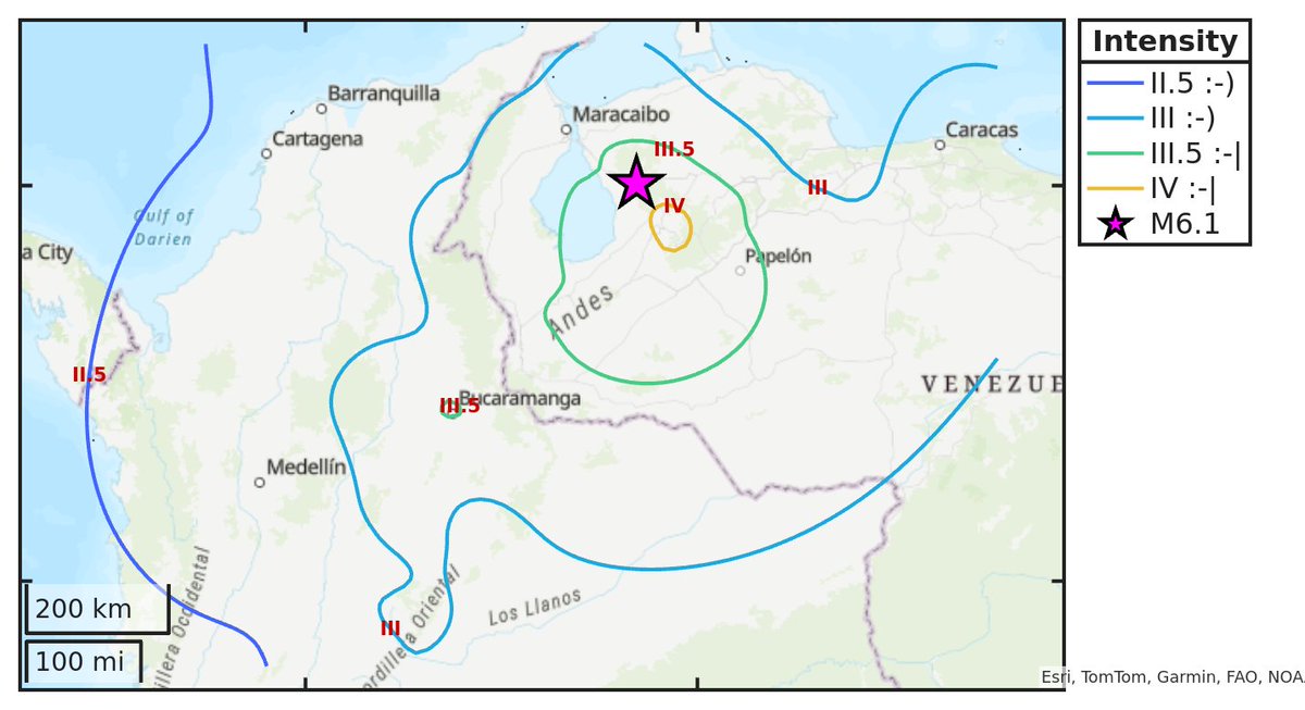 Mapa de intensidad del #sismo M6.1 ocurrido a las 22:21:00 (UTC) con epicentro a 61 km de Ciudad Ojeda, Venezuela. Descarga la app Sismo Detector desde sismo.app/es/download para recibir alertas en tiempo real en tu smartphone