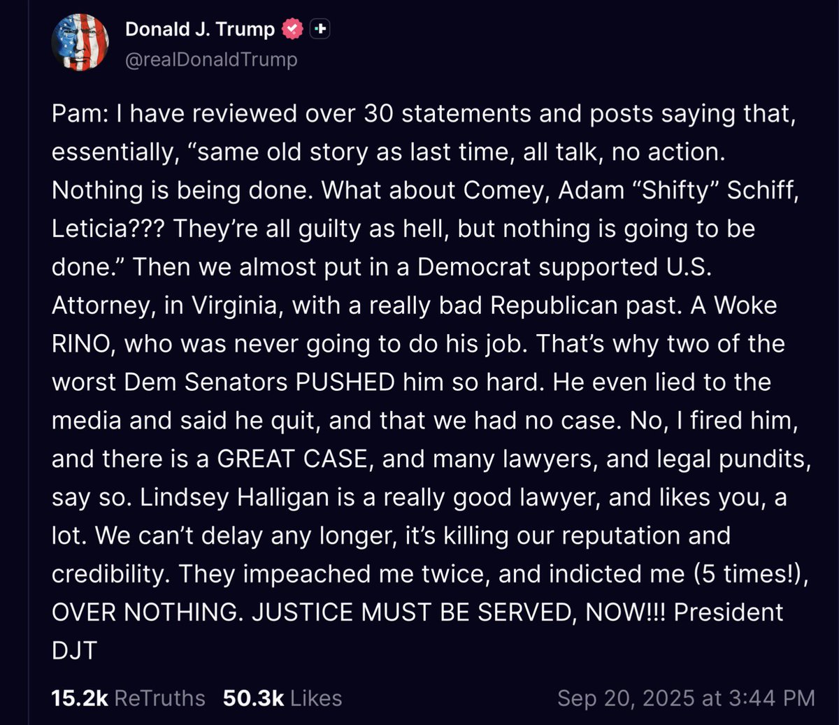 Sen. Warner-connected Erik Siebert, was slow-walking the Comey case, letting the statute of limitations to expire on Sept 30. 

It looks like President Trump found this out, hence his posts and interviews about urgent need for accountability, and replacement of the Virginia