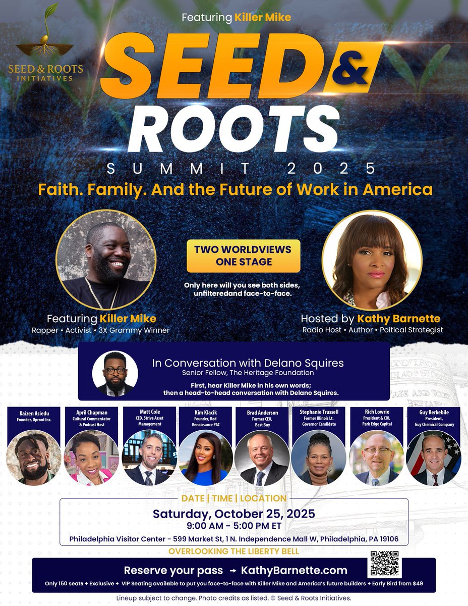 I look forward to sitting down w/<a href="/Kathy4Truth/">Kathy Barnette</a> &amp; <a href="/KillerMike/">Killer Mike</a> at the Seed &amp; Roots Summit on 10/25 in Philly. We may not share the same politics, but I can’t think of another mainstream HH artist who promotes the “success sequence” in clearer terms. RSVP: KathyBarnette.com.