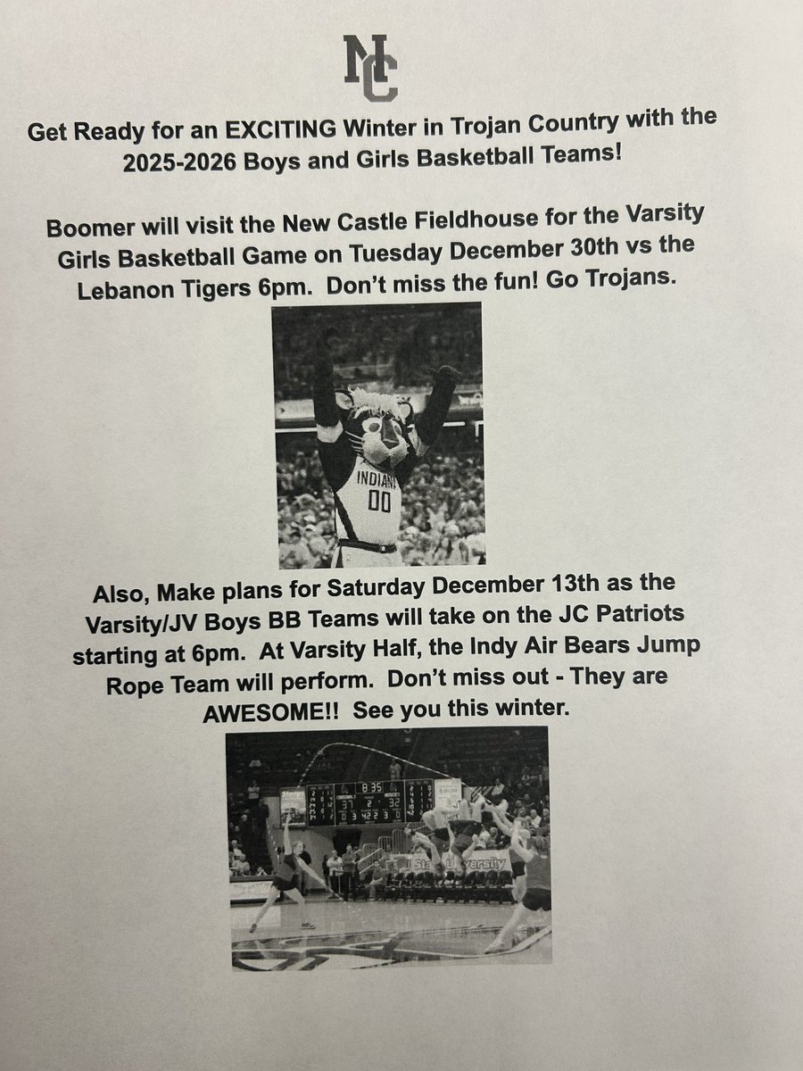 Boomer will be at the Fieldhouse on Tuesday December 30th for the GBB game vs the Lebanon Tigers. The Indy Air Bears Jump Rope Team will perform at Halftime of the Boys BB game on Saturday December 13th. Get ready for a fun winter. <a href="/NCCSCIndiana/">NCCSC New Castle Schools Indiana</a> <a href="/NCTrojans/">New Castle Trojans</a>