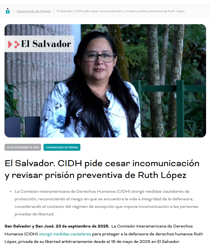 🔗 #LibertadParaRuthLópez | «Las organizaciones representantes de la defensora, <a href="/Cristosal/">Cristosal</a> y el Centro por la Justicia y el Derecho Internacional (<a href="/cejil/">CEJIL</a>) demandamos al Estado el cumplimiento inmediato de la resolución de la CIDH. Asimismo, hacemos un llamado a que la decisión