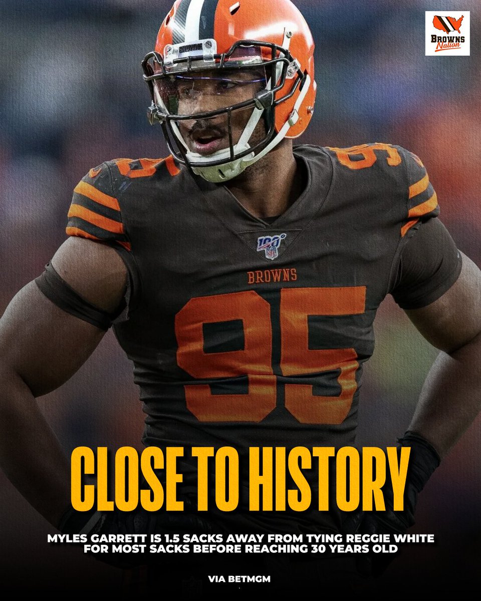 BrownsNation.com (@brownsnationcom) on Twitter photo Myles Garrett is 1.5 sacks away from tying Reggie White for the most sacks in NFL history before age 30. Myles Garrett is 1.5 sacks away from tying Reggie White for the most sacks in NFL history before age 30.