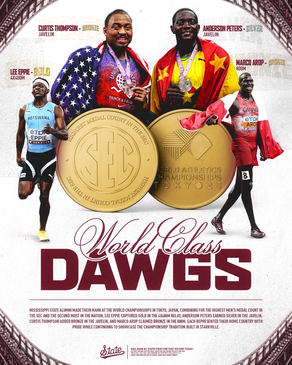 A 𝐖𝐎𝐑𝐋𝐃 𝐂𝐋𝐀𝐒𝐒 performance put on by our 𝐖𝐎𝐑𝐋𝐃 𝐂𝐋𝐀𝐒𝐒 Bulldogs!

MSU had the most men’s medals of any program in the SEC and tied for the most in the NCAA🥇🥈🥉🥉

#HailState