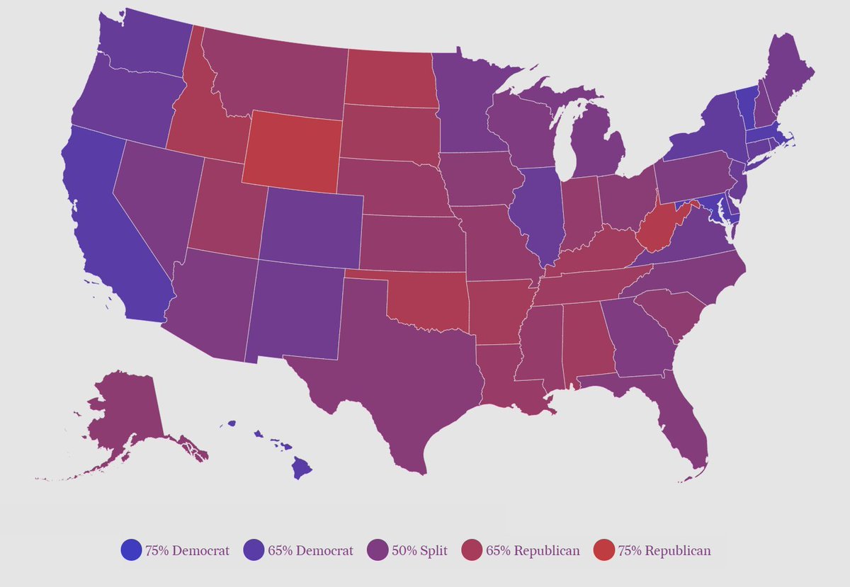 cremieuxrecueil's tweet image. Properly shading each state based on 2024 election results, the U.S. is a far more purple place than typical red and blue maps make it appear.