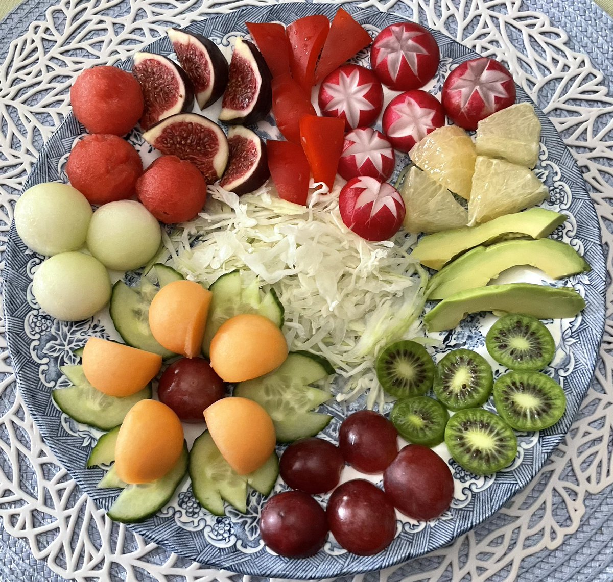 Domestic vegetables, fruits, and berries are great, but our summers are short, and without imports, my plates would be pretty empty for most of the year.
For hubby’s gluten-free breakfast : cucumber, melons, figs, bell pepper, White grapefruit, avocado, kiwi berries, cabbage.