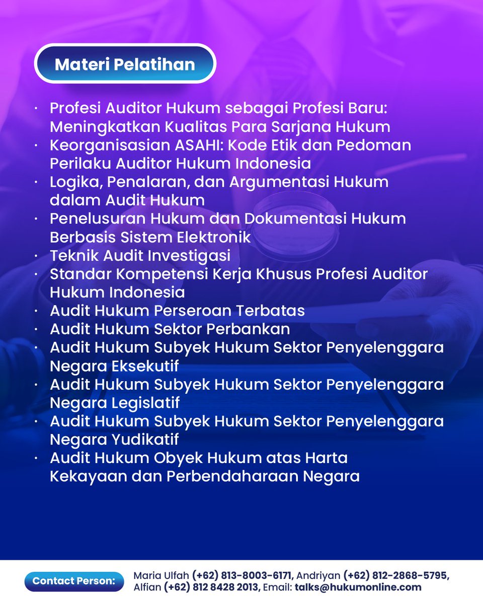 Auditor hukum berperan krusial dalam mencegah risiko hukum dan memastikan seluruh aktivitas bisnis sesuai dengan ketentuan perundang-undangan yang berlaku. Dapatkan sertifikasi auditor hukum bersama Hukumonline dan Asosiasi Auditor Hukum Indonesia melalui Pendidikan dan