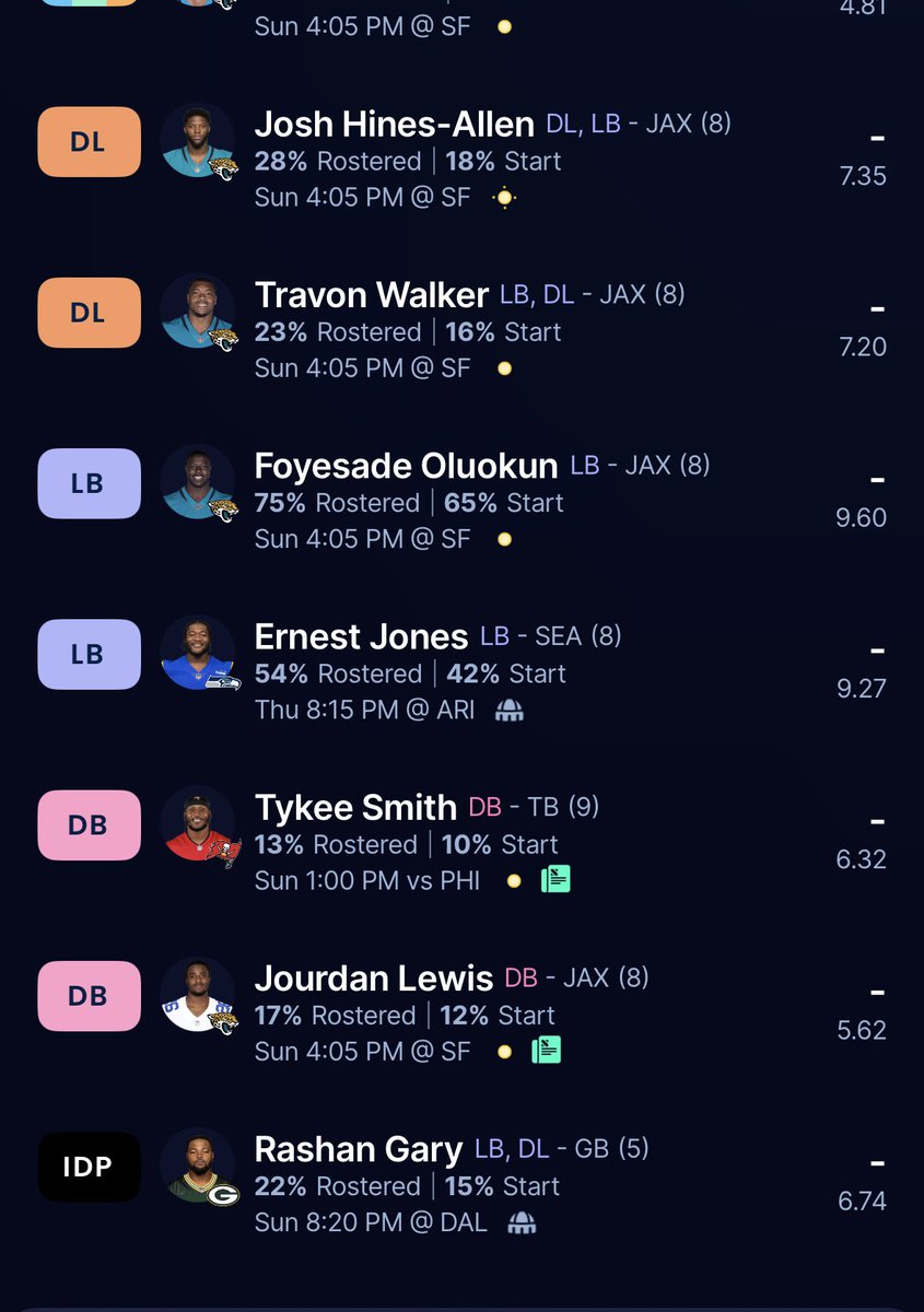 MtnEight's tweet photo. @NFLFantasy 1/2 pt ppr idp 14 team franchise league.
My franchise is the jaguars so I need to start 3 offensive players from jags and 3 defensive from jags. https://t.co/tLmfP9imOJ