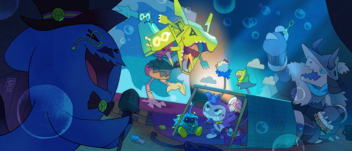 awniber's tweet photo. The team puts on a diy hand puppet show, with extravagant lighting effects thanks to theater sets. 

It's a boss fight?! Don't worry it should be a fair fight in the pokemon mystery dungeon universe lol

#pokemon #pokemonfanart #aggron #doduo #tangela #aipom #wobbuffet #rayquaza https://t.co/EU1jgZShJh