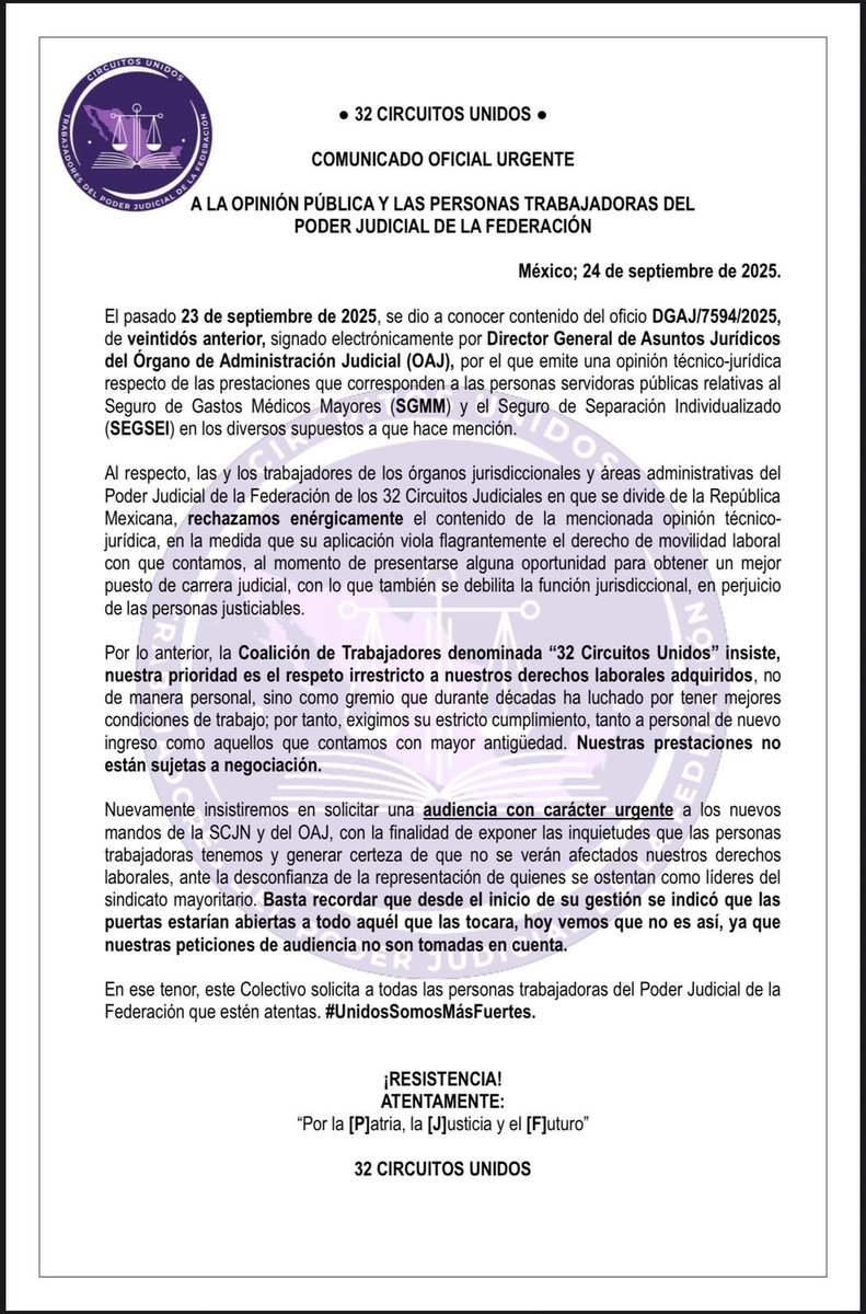 millieddhh's tweet photo. Circuitos unidos rechaza el contenido de la opinión técnico jurídica emitida por el @OAJ_Mex.

Esta es la voz de la base trabajadora. Escúchennos. https://t.co/reztHGlMKd