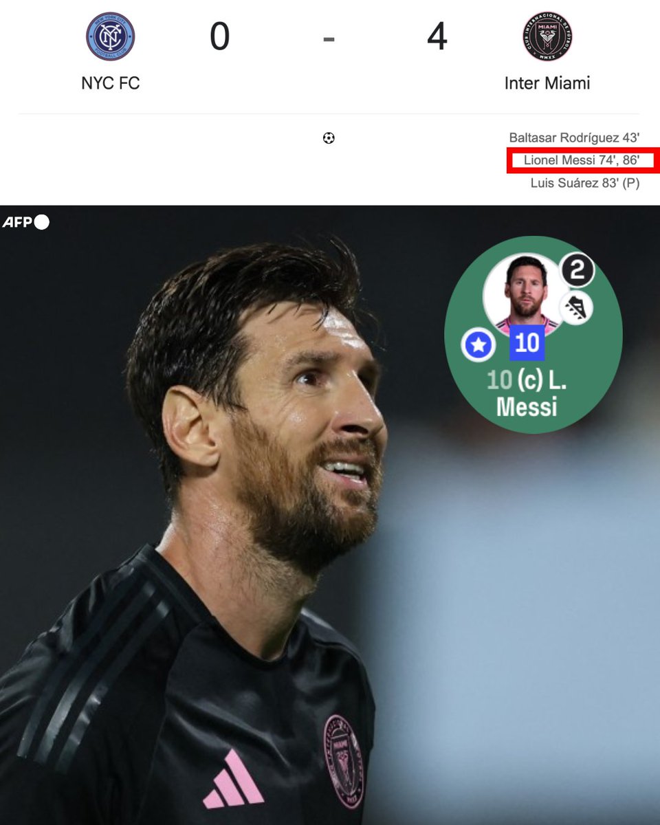 ¡¡EL SHOW DE LIONEL MESSI EN NUEVA YORK!!

✅ Hoy marcó doblete de golazos.
✅ Hoy firmó otra asistencia fantástica.
✅ Hoy lideró la goleada del Inter Miami ante NY City FC.
✅ Hoy fue ovacionado en Nueva York.
✅ Hoy se confirmó como el líder goleador de la MLS.
✅ Hoy fue