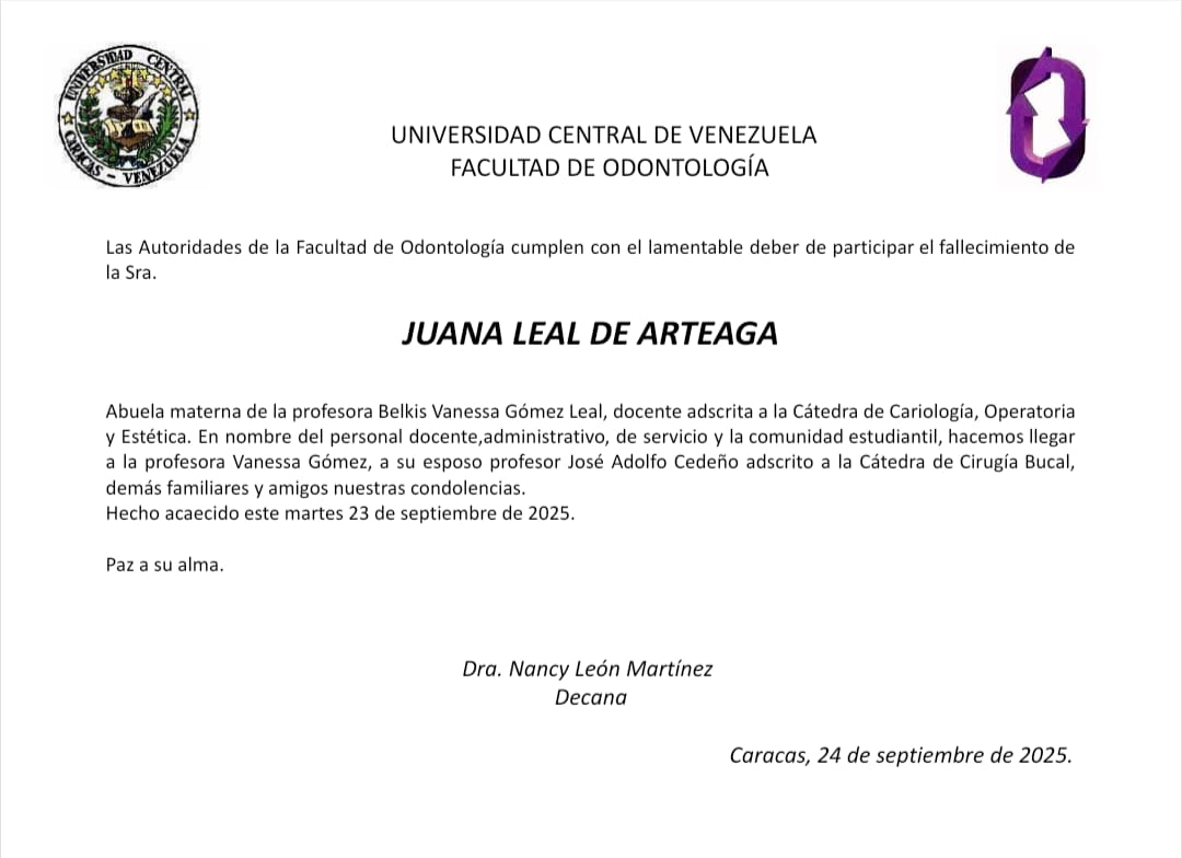 Lamentamos informar el fallecimiento de la señora Juana Leal de Arteaga. Paz a su alma