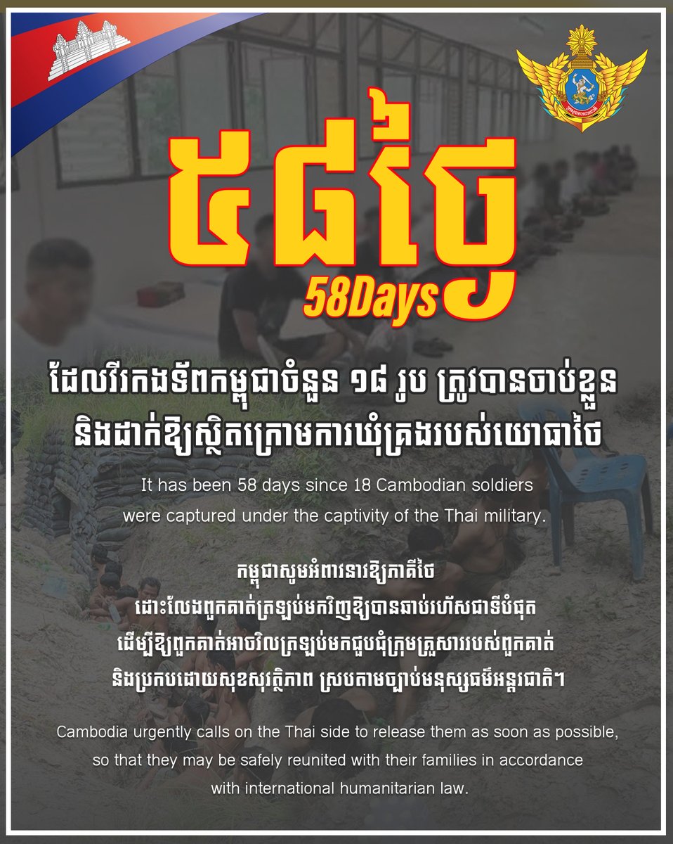 ថ្ងៃនេះជា ថ្ងៃទី៥៨ហើយ ដែលវីរកងទ័ពកម្ពុជាចំនួន ១៨រូប ត្រូវបានចាប់ខ្លួន និងដាក់ឱ្យស្ថិតក្រោមការឃុំគ្រងរបស់យោធាថៃ។
កម្ពុជាសូមអំពាវនាវឱ្យភាគីថៃ