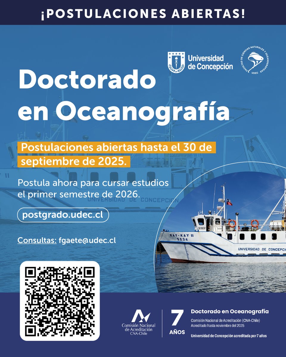 ¡Postulaciones abiertas! 🌊 Si quieres llevar tu investigación al siguiente nivel, el Doctorado en Oceanografía de la FCNO es para ti. Desarrolla ciencia de frontera en uno de los programas líderes del país.
🗓️ Plazo de postulación: 30 de septiembre.
tinyurl.com/3w8fw5bw