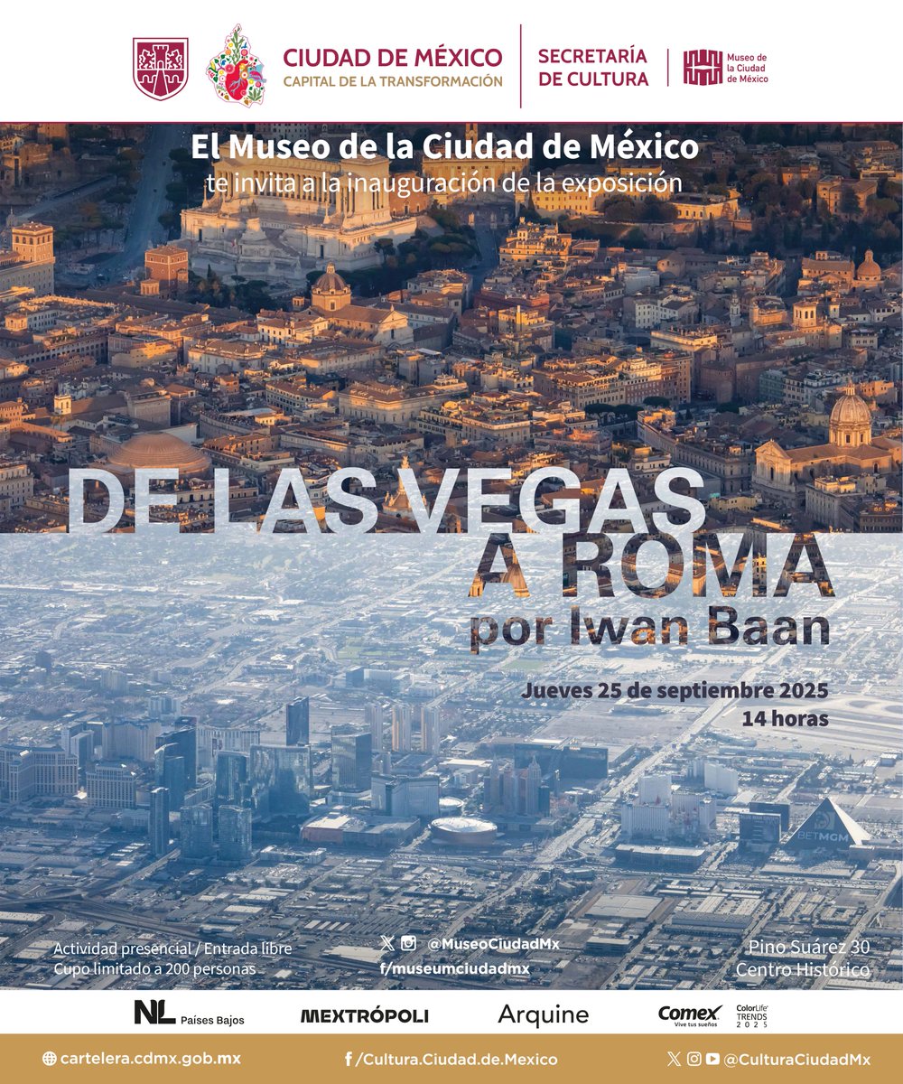 #Inauguracion | ¿Qué tienen en común Las Vegas y Roma? En la exposición De Las Vegas a Roma, Iwan Baan capta esas resonancias invisibles que conectan dos mundos: la arquitectura, los turistas y más.

ENTRADA LIBRE SIN REGISTRO

📅 Jueves 25 de septiembre, 14h
#mextropoli