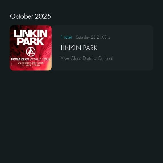 ¡Hola chicos! Estoy vendiendo una boleta para el concierto de Linkin Park🖤 en Bogotá el 25 de octubre. 

Sección 110  Fila G -Silla 1

Trato SOLAMENTE en persona para garantizar la transferencia de la boleta y el dinero. Info al DM.