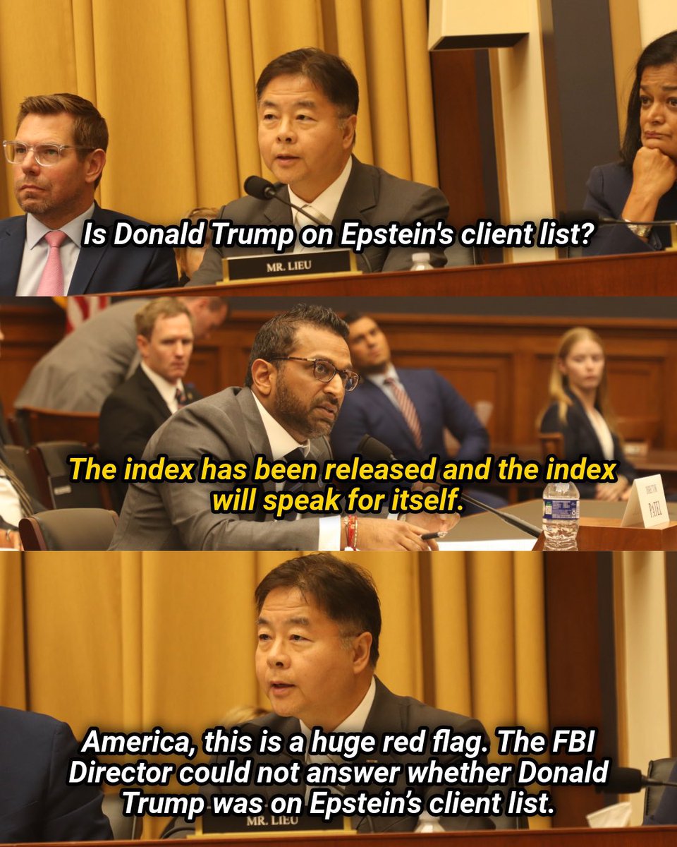 Thank you to Rep. <a href="/tedlieu/">Ted Lieu</a> for asking the tough questions of the administration about Trump’s ties to a pedophile human trafficker.