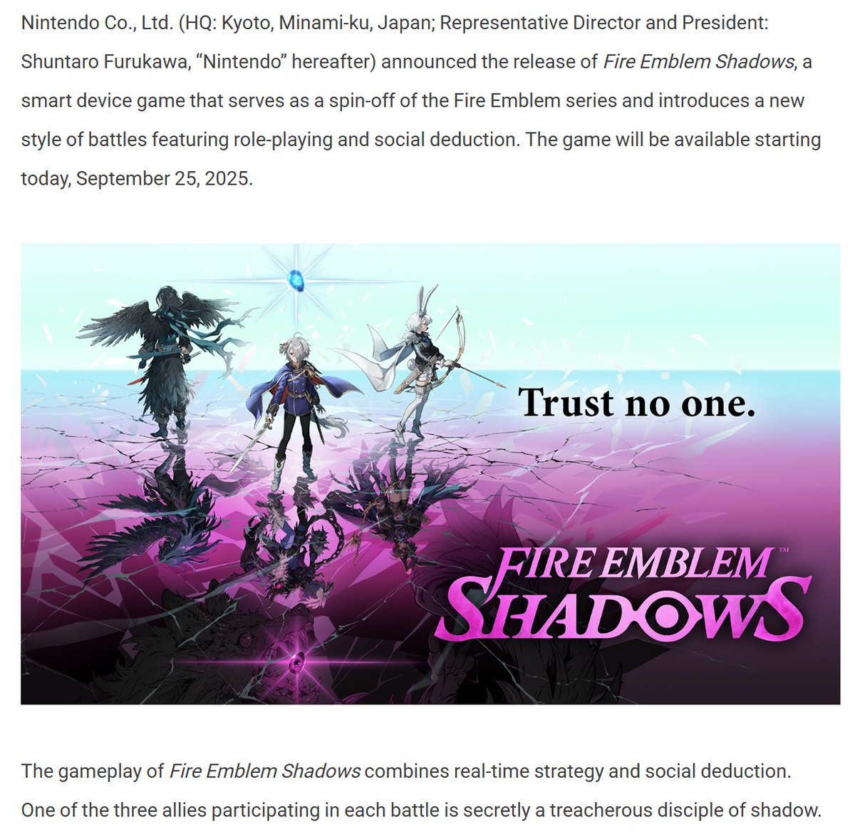 TheCyanYoh's tweet photo. A new mobile Fire Emblem title releasing tomorrow, September 25th, was just announced.

"Fire Emblem Shadows"

A FE Social Deduction Game where you endeavor to vote out a traitor... is this Fire Emblem Among Us? https://t.co/jzEiqUQsKm