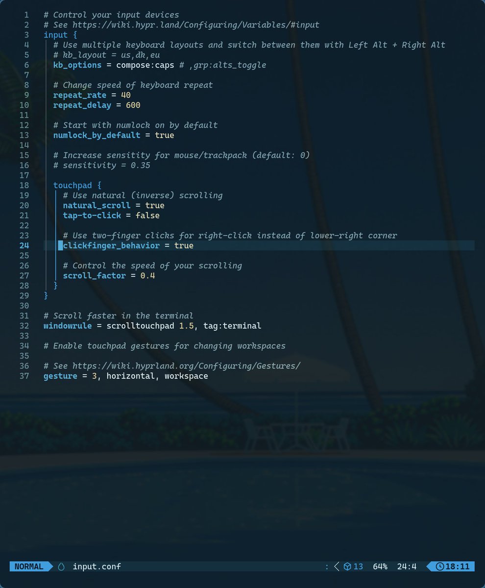 RezOtaku's tweet image. I&apos;ve been running @OmarchyLinux since 3.0.1 was released, and I&apos;ve done a little editing to my Hyprland input.conf file for my MacBook Pro. I turned on natural scrolling, disabled tap to click, enabled two finger right click, and enabled touchpad gestures to change workspaces.