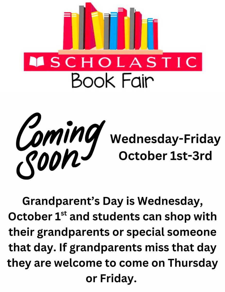 StBenedict1921's tweet image. The Scholastic Book Fair is coming soon, Wednesday, Oct. 1st, and runs until Friday, Oct. 3rd! Grandparents can join the fun and shop with their grandchild during the Grandparent Celebration on that Wednesday, Oct. 1st. 📚
#BookFairFun
