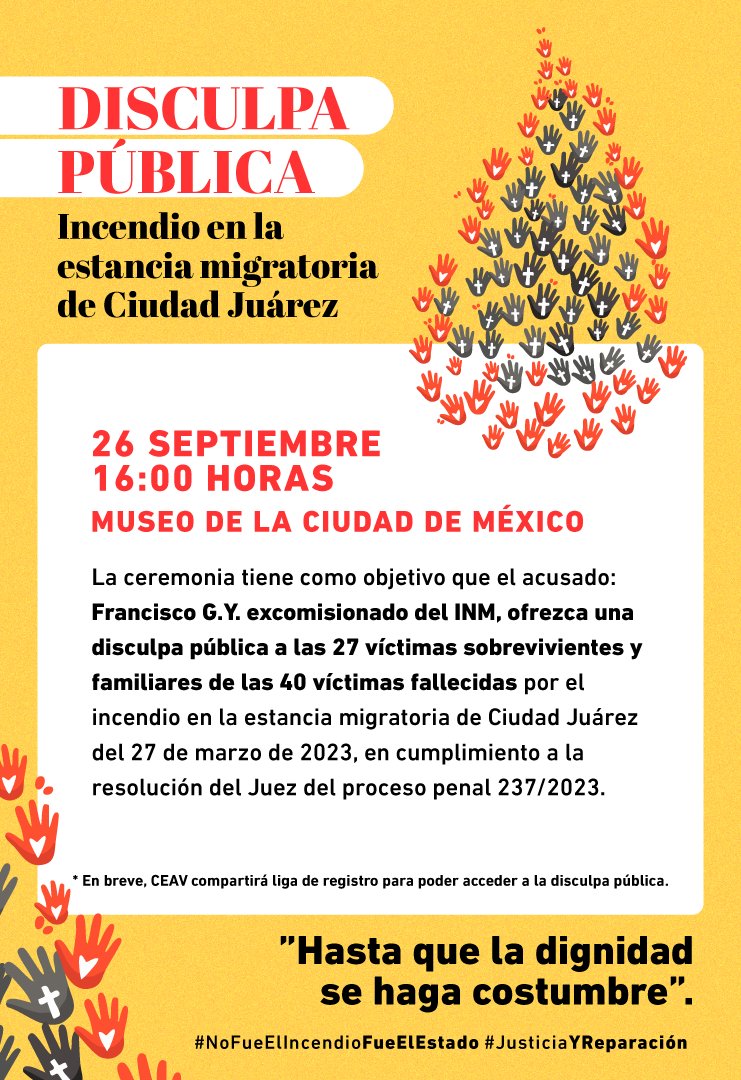 #NoFueElIncendioFueElEstado #JusticiaYReparación
📣 Este viernes, <a href="/fgymexico/">Francisco Garduño Yañez</a> ofrecerá una Disculpa Pública por el incendio en la estancia migratoria de #CiudadJuárez, en cumplimiento a lo ordenado por un juez como parte del proceso penal en su contra y para acceder a la