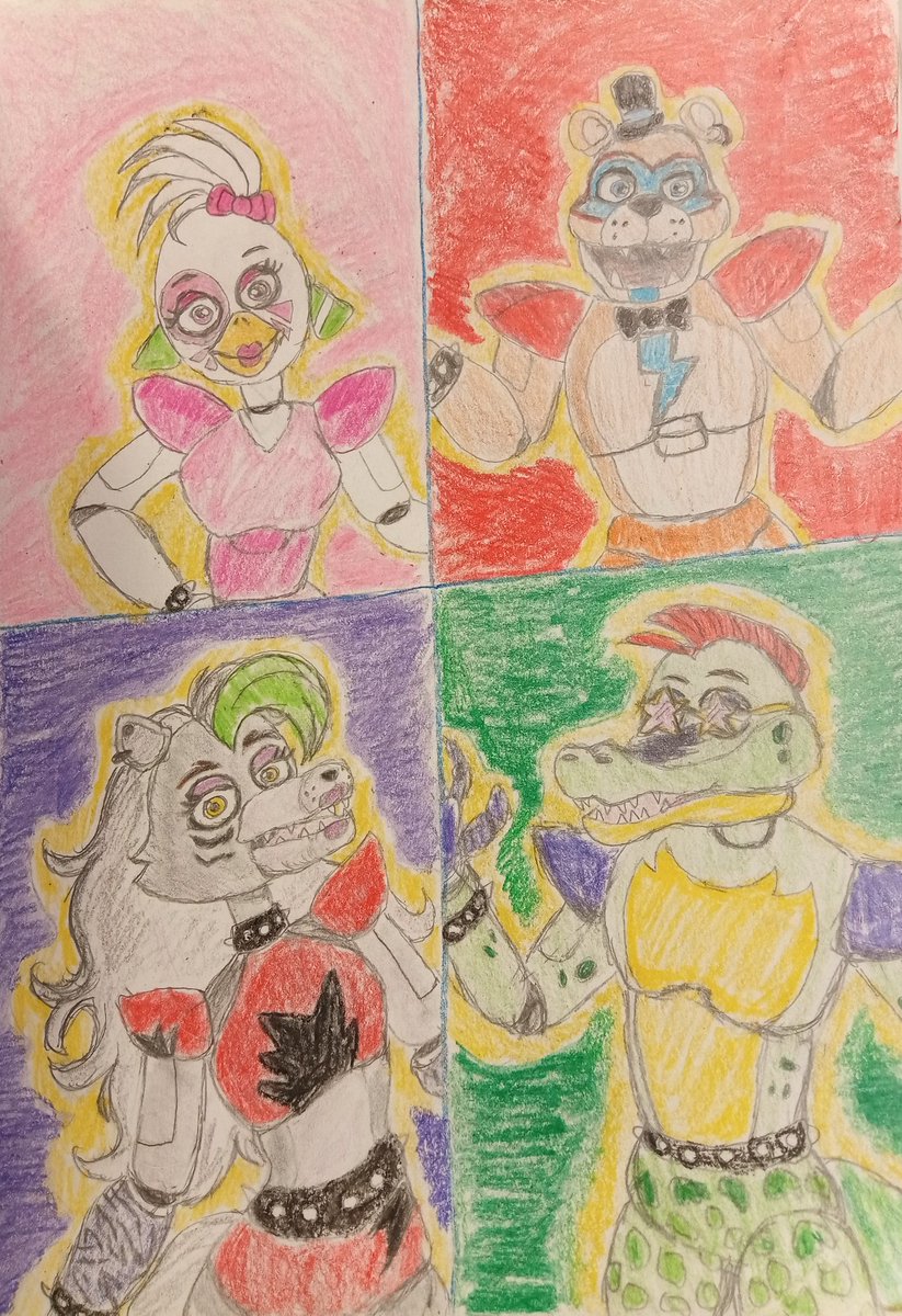The Glamrocks 
#chicathechicken #fnaf  #artistsontwitter #drawing #freddyfazbear #animatronic #drawnbyme #fivenightsatfreddy #artist #glamrockchica  #fnaffanart #glamrockfreddy #montygator #roxannewolf #art #artmoots #freddyfazbear #arttwt #artisttwt #fnafsecuritybreach