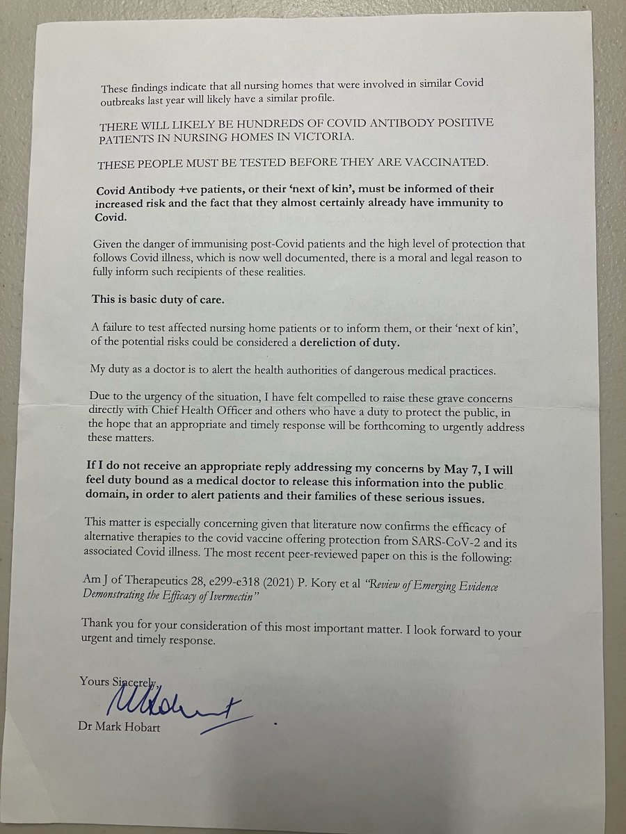 I sent this letter to Brett Sutton on the 4th of May 2021, hand delivered to his office and also sent by registered mail. I also sent it to all Australian health ministers and all the chief medical officers. No reply from any of them.