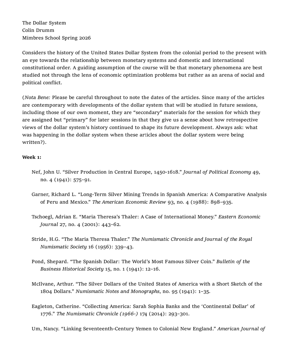Syllabus for my course this coming Spring at Mimbres School: "The Dollar System."