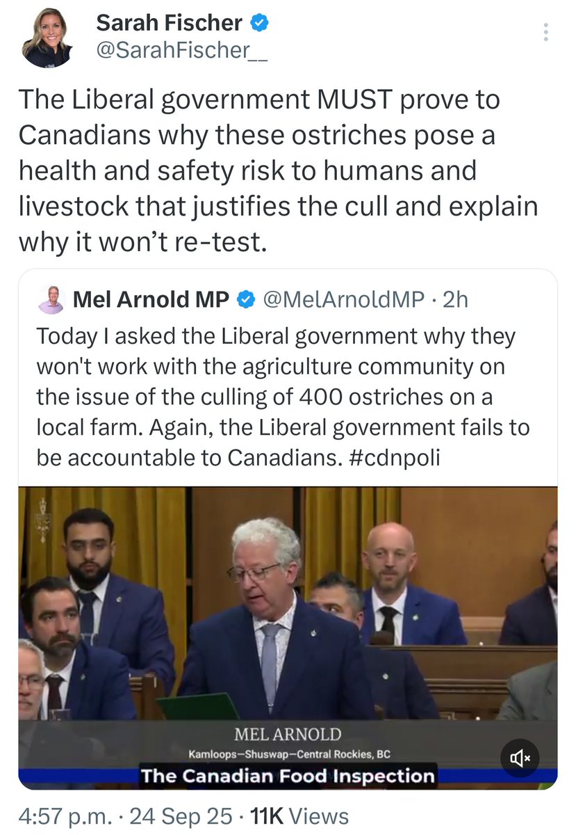 Conservative director of communications <a href="/SarahFischer__/">Sarah Fischer</a> says that the Liberals must explain why they won't allow the BC ostriches to be retested.

This is the question all Canadians should be asking the government.

Mr. Poilievre, please add your voice to this.