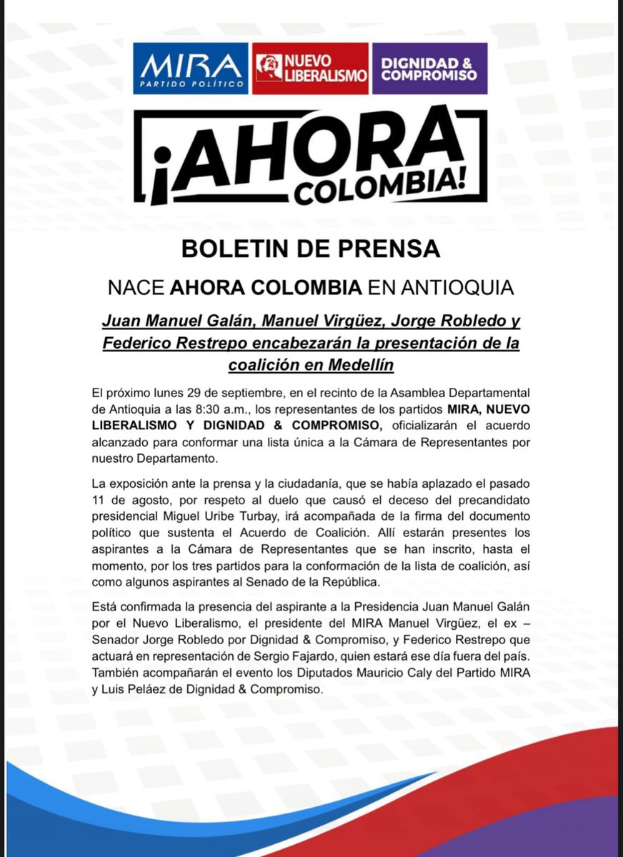 El próximo lunes 29 de septiembre presentaremos la coalición AHORA COLOMBIA en Antioquia.

Tendré el honor, como representante de mi partido Dignidad y Compromiso y de nuestro candidato presidencial <a href="/sergio_fajardo/">Sergio Fajardo</a> de encabezar la presentación en la <a href="/asambleadeant/">Asamblea Departamental de Antioquia</a> 

¡ADELANTE!