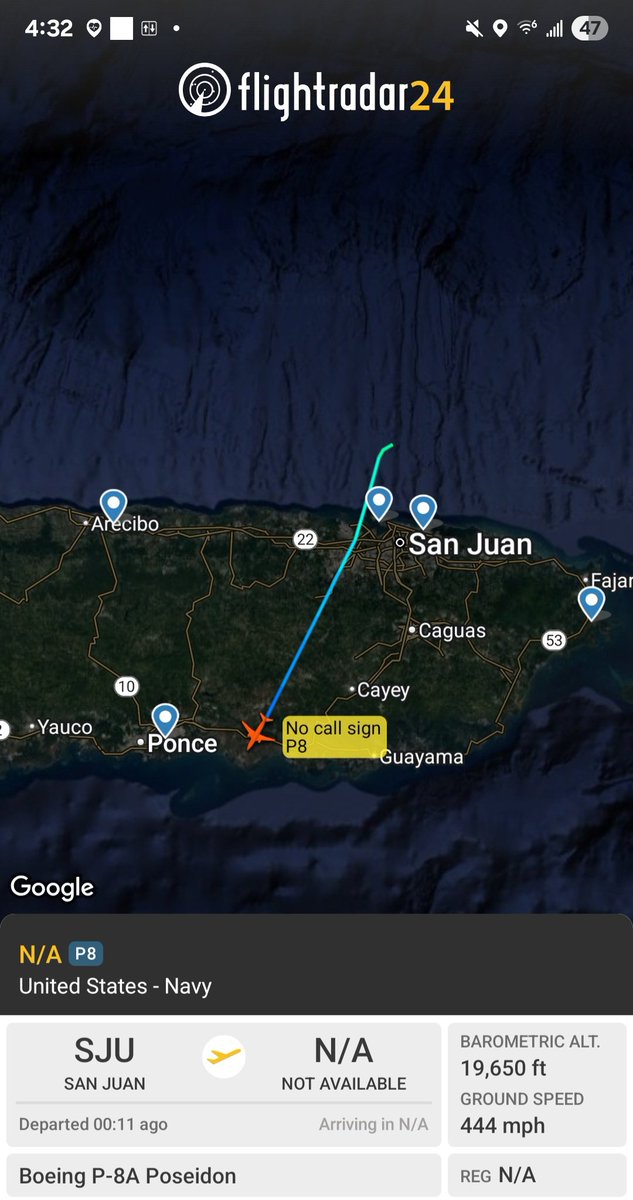 Borrowed7Time's tweet photo. US Navy P-8A Poseidon #AE686A departing San Juan for a night mission over the Caribbean.
@sipjack1776 @LadyAstroJet @LatAmMilMVMTs https://t.co/89u6Tus3Z8