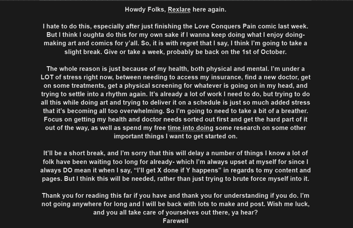 rexlare's tweet photo. UPDATE:

Going to be gone for just a little bit folks. Have some personal things to take care of. https://t.co/LAmzSnzv1u