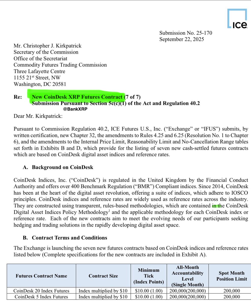 BankXRP's tweet image. ICE Futures U.S. Launches CoinDesk XRP Futures Contract on Sept 22, 2025 Boosting XRP’s Liquidity & Institutional Access
Contract Specs (from submission):
• Size: $50,000 × CoinDesk XRP Benchmark Reference Rate (USD-denominated, real-time every 5s).
• Tick: $25 (0.0005…