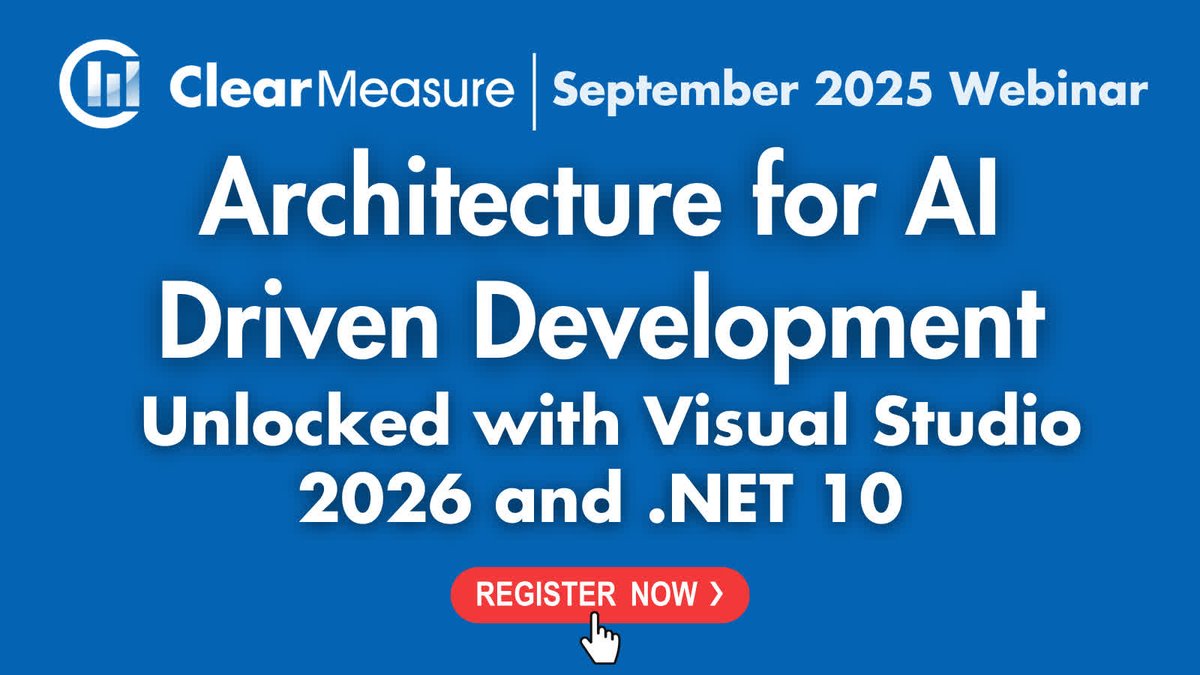 ClearMeasure's tweet image. Building scalable systems or testing new workflows? Join Jeffrey Palermo for insights to architect smarter, faster, more maintainable solutions.    
Check out the webinar: bit.ly/4prDeB3    

#VisualStudio2026, #DotNet, #SoftwareDevelopment