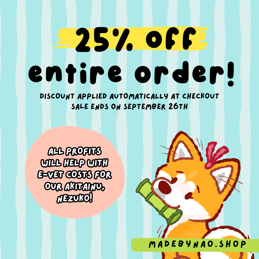 Nezuko is home <3 We are still waiting for results from the vet regarding this mysterious illness and should hear back in a few days. 

The costs ended up being 8k so if you still want a sticker, check out the OG post! Also... SHOP SALE!