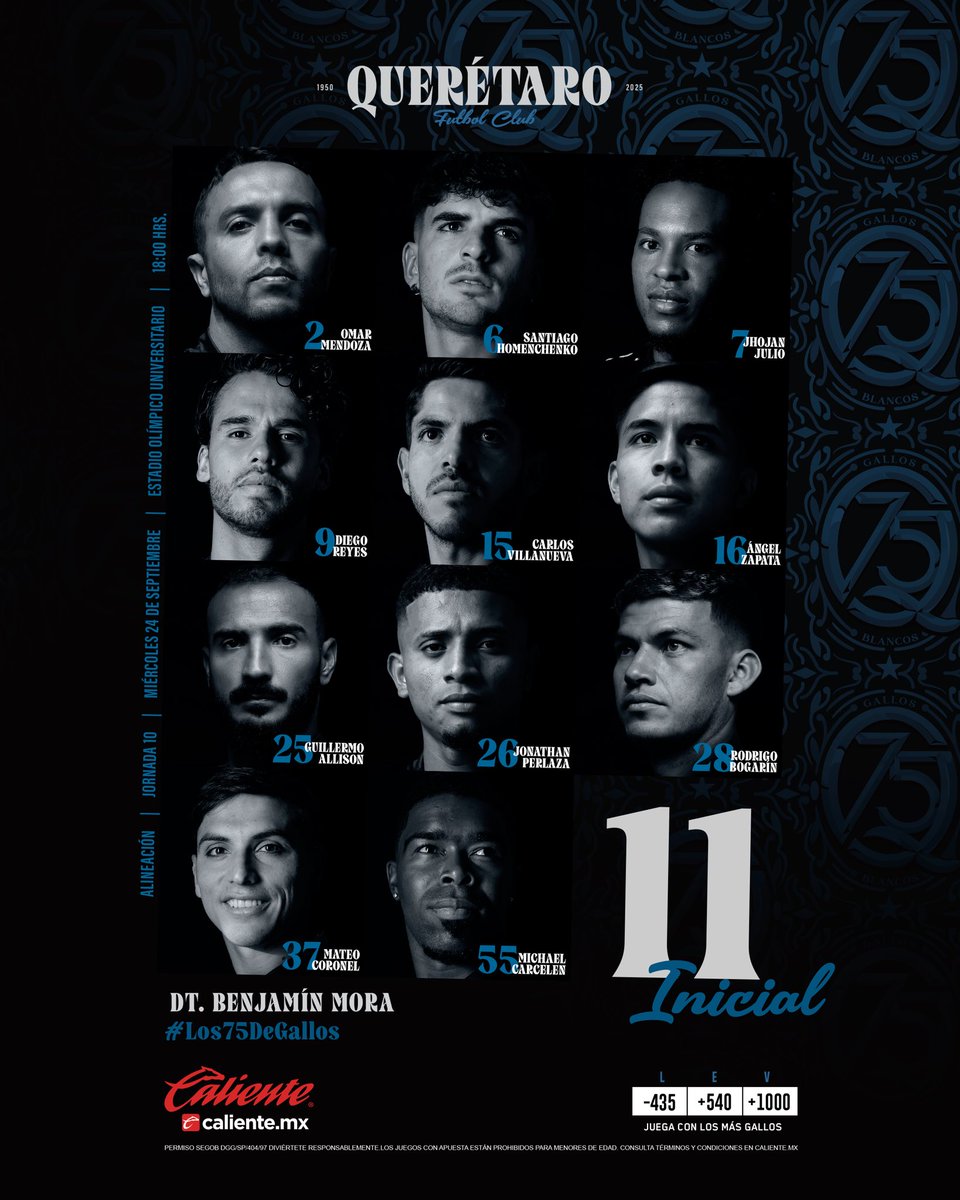 Club_Queretaro's tweet image. ¡Tenemos alineación! 🔵⚫️

Regístrate en @calientesports y recibe $1000 de regalo. 📲 bit.ly/2BnPYFD

#Los75DeGallos