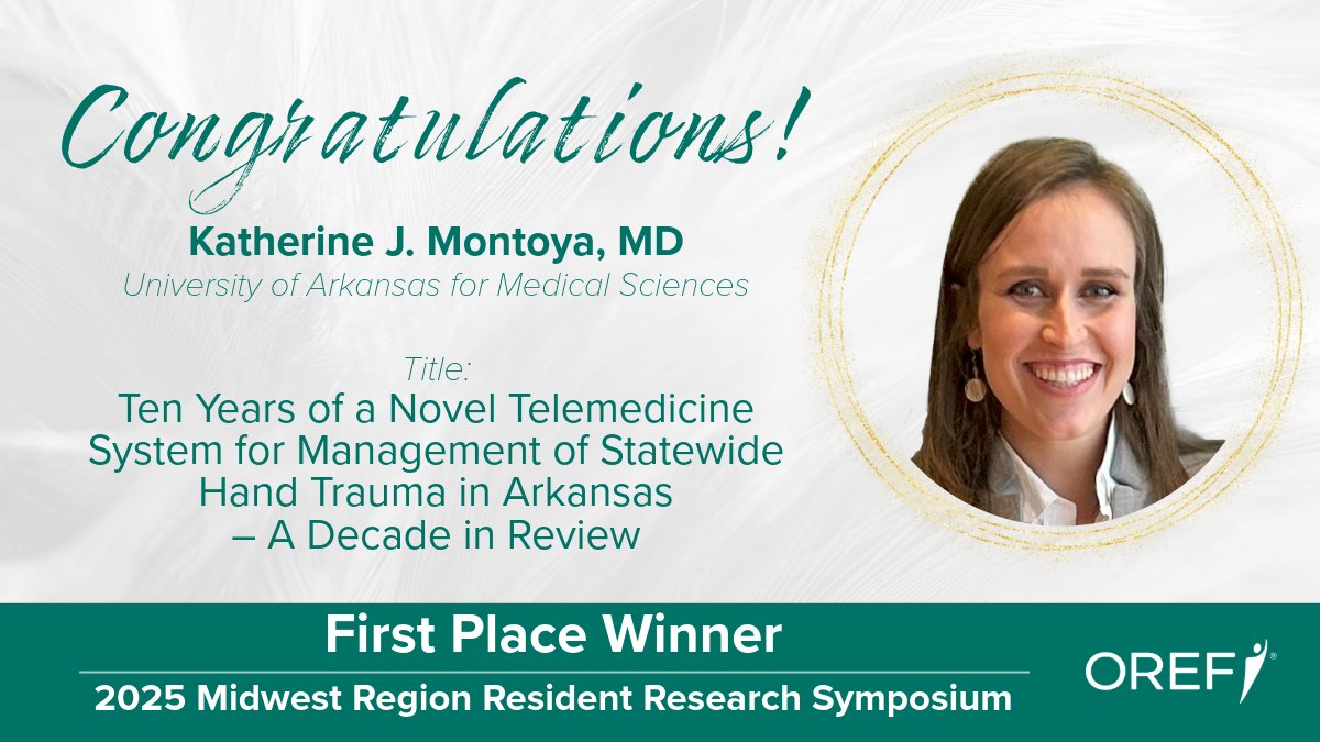 Congrats to Dr. Katherine Montoya of <a href="/UAMSOrtho/">UAMS Health Orthopaedics & Sports Medicine</a> for winning 1st place at the OREF Midwest Region Resident Research Symposium! Special thanks to all the presenters, our sponsors and host <a href="/UChicago/">The University of Chicago</a>! For a complete list of winners visit: bit.ly/3UIHdMh