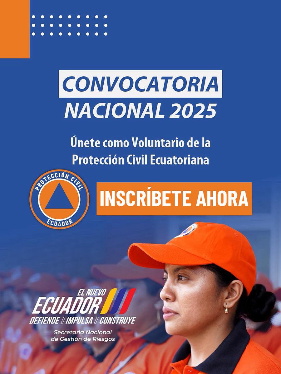🚨¡Ecuador te necesita!

Súmate al Voluntariado de Protección Civil 2025 de la Secretaría Nacional de Gestión de Riesgos.👷‍♂️🙌🏼

🔜Fórmate y conviértete en el apoyo que tu comunidad requiere en los momentos más críticos.

Juntos cuidemos a nuestras comunidades frente a emergencias.