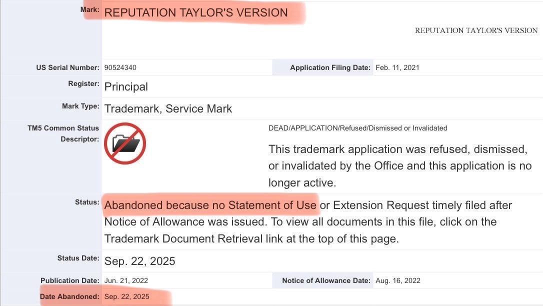 taylaswiff___'s tweet photo. 🚨🚨 IT’S OFFICIAL : THE TRADEMARKS FOR REP TV AND DEBUT TV ARE BOTH ABANDONED 2 DAYS AGO… i hope she just releases a deluxe version during the anniversaries with the vault tracks she was describing as « fire » 🥲 https://t.co/rmsLiZDc7z