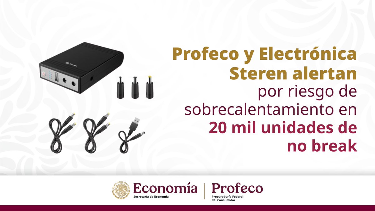 #boletíndeprensa La Profeco y <a href="/Steren_Mexico/">Steren.Oficial</a> han emitido una alerta por riesgo de sobrecalentamiento en aproximadamente 20 mil unidades del Mini UPS (no break) para módem, modelo NB-050, con batería de 5000 mAhX2, correspondientes a los lotes del PO 48883 al PO 50275.

Steren ha