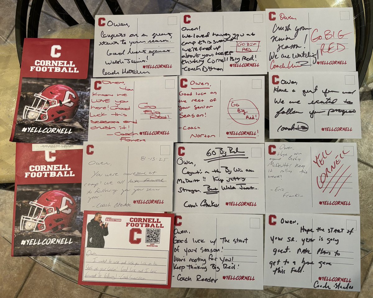 Thank you <a href="/BigRed_Football/">Cornell Football</a> coaches for encouraging messages #GoBigRed
<a href="/DanSwanstrom/">Dan Swanstrom</a> <a href="/Sean_Reeder/">Sean Reeder</a> <a href="/CoachBhakta/">Satyen Bhakta</a> <a href="/JaredBackus1/">Jared Backus</a> <a href="/Coach_Hatcher20/">Mike Hatcher</a> <a href="/TreyFlowers_/">🦈</a> <a href="/TerryUrsin/">Terry Ursin</a> <a href="/CoachJDittman58/">Jeff Dittman</a> <a href="/CoachEFranklin/">Eric Franklin</a> <a href="/BlandenCoach/">Will Blanden</a> <a href="/CoachNort73/">Colin Norton</a> @CoachAnDees