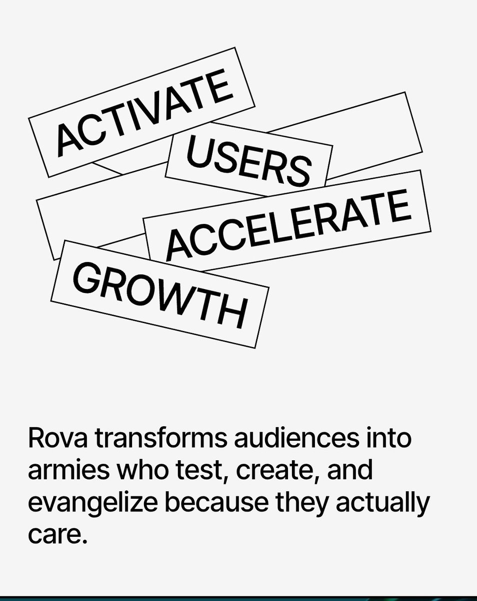 0xcele's tweet photo. From Audience to Army: Turning Users Into Your Growth Channel

Users are the most overlooked growth channel that is right in front of us. Not affiliates. Not brand ambassadors. Not referrals.
But, users that are active contributors with real skin in the game.

History shows the pattern. Figma’s community templates onboarded millions. Tesla’s owners became their marketing team. Ethereum’s developers built an ecosystem far bigger than its foundation. Whenever audiences shift from passive to active, the trajectory changes.

That’s the thesis behind user driven growth. Companies that activate users outperform those that only advertise to them. Yet most startups ignore this energy, spending billions on KOLs while their most authentic advocates remain unorganized.

We saw this firsthand with Rova Bullpost in Chapter 1. What started as a simple set of tasks turned into coordinated waves of content, pulling reach and visibility far beyond what the team could have engineered alone. Not through hype, but through aligned participation. Users weren’t just talking about campaign on Rova they were the growth engine.

But there’s a catch. Traditional community-led growth hits the same walls: volunteer burnout, messy payments, mercenary farmers, quality drowned by noise. Goodwill alone doesn’t scale. Incentives without structure collapse.

Now, those barriers are dissolving. Tokens aligns with the game. Stablecoins unlock global micropayments. AI filters quality at scale. Cultural shifts make compensated contributions not just acceptable but expected. The conditions that once killed user-driven growth are gone.

This is why Chapter 2 of Rova exists.
Not just social amplification. Not just bullposts. But structured contribution loops where feedback ships, content spreads, insights guide strategy, and users become co-creators in measurable ways.

Because when audiences become armies, the line between company and community blurs. Growth stops being something you buy. It becomes something you build together.

Rova isn’t experimenting with user driven growth as a side play. Rova is betting on it as the next growth meta. Chapter 2 is how Rova will prove it.

@rovadotxyz [bullpost @rovadotxyz]
