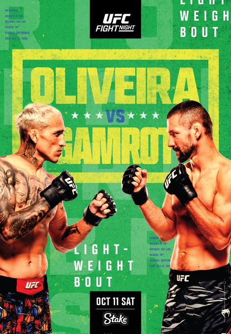 Charles Oliveira and Gamrot standing in fighting stances, wearing UFC gloves and shorts. Text overlay reads "UFC FIGHT NIGHT OLIVEIRA vs GAMROT LIGHT-WEIGHT BOUT OCT 11 SAT Stake."