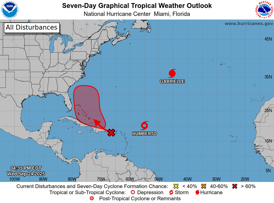 NHC_Atlantic's tweet photo. 8p Wed 9/24- In addition to #Humberto and #Gabrielle, we are watching a tropical wave over the NE Caribbean. This system is likely to bring heavy rains near Puerto Rico and the Dominican Republic through tomorrow before likely becoming a tropical depression late this week near the Bahamas. More: https://t.co/Wq6ZtKfHp9