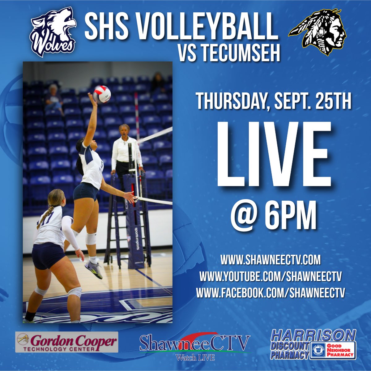 Watch SHS Wolves Volleyball vs Tecumseh - LIVE Thursday, Sept. 25th at 6pm - ShawneeCTV.com - youtube.com/ShawneeCTV - facebook.com/ShawneeCTV