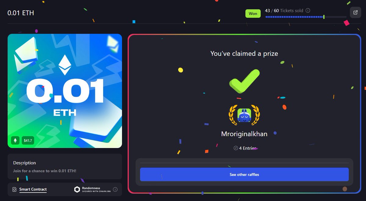 I won a 0.01 ETH Raffle &amp; $25 on my daily free claim on <a href="/winnnables/">Winnables</a> LFG!! 🥳

50 Likes, 50 Repost, I'll do a giveaway!! 

Sign up easily with email or wallet using my link! play.winnables.com/s/khaan