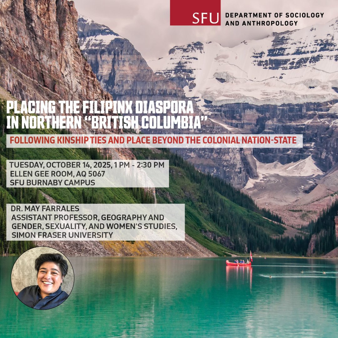 Join us on Tues, Oct 14, 1 - 2:30 PM at AQ 5067, SFU Burnaby. 

Dr. Farrales will discuss how place and place-based kinship ties shape the lives in the locations Filipinx community find themselves. 

Learn more and register here: bit.ly/4gG5nAt

<a href="/SFUGSWS/">SFU Gender, Sexuality, and Women's Studies</a> <a href="/SFUFASS/">SFU Faculty of Arts & Social Sciences</a>